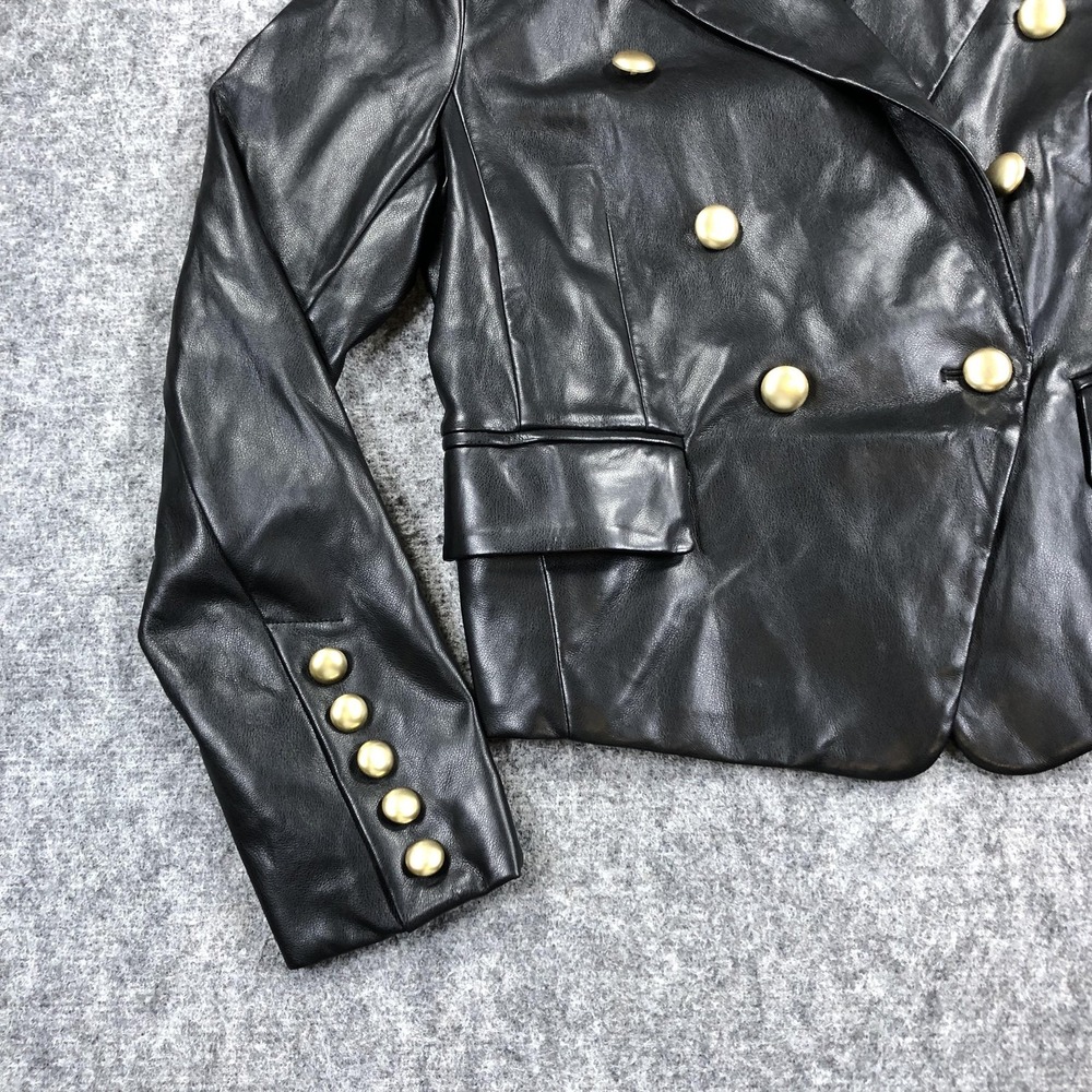 7 For All Mankind Blazer Womens M Black Faux Leather Double Breasted Military - Picture 2 of 15